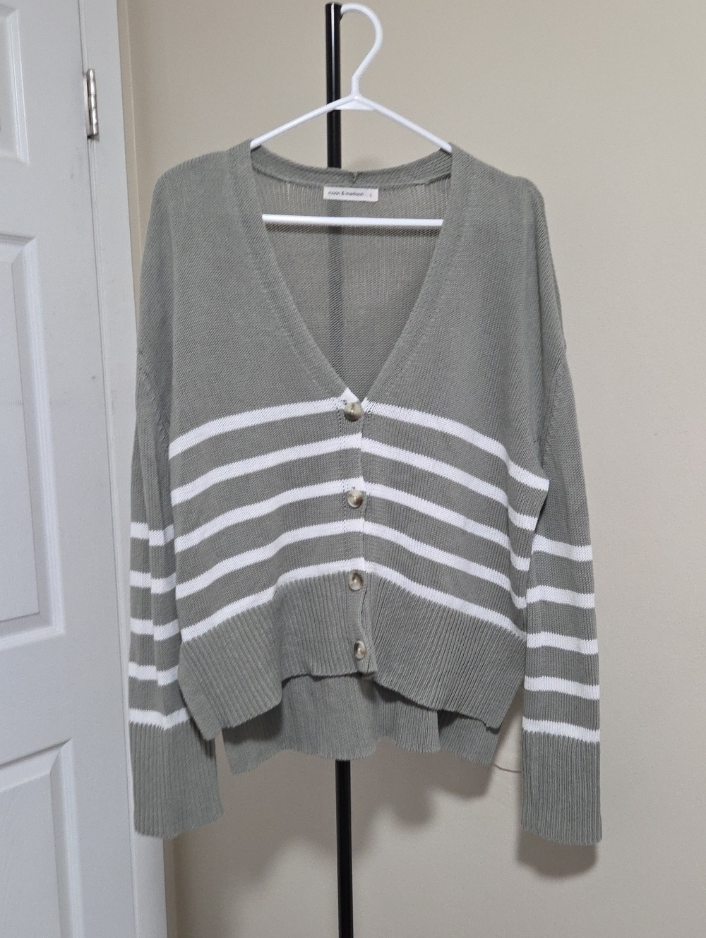 moon & madison 100% Cotton Sage Green and White Striped V-Neck Button Cardigan